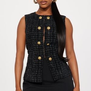 Elegant Black Tweed Sleeveless Jacket